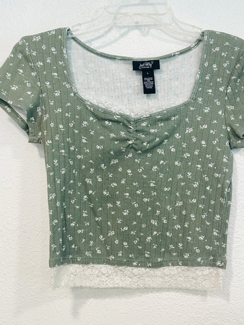 NWOT Just Polly New York Floral Ribbed Crop Top Lace Trim Sage Green Size Large